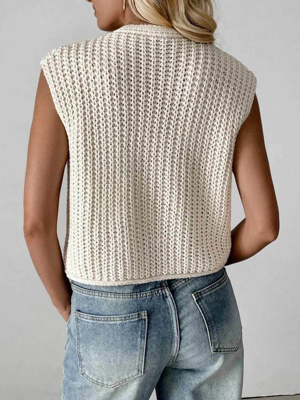 Apricot Casual Women's V-Neck Ribbed Knitted Cardigan Sweater Vest